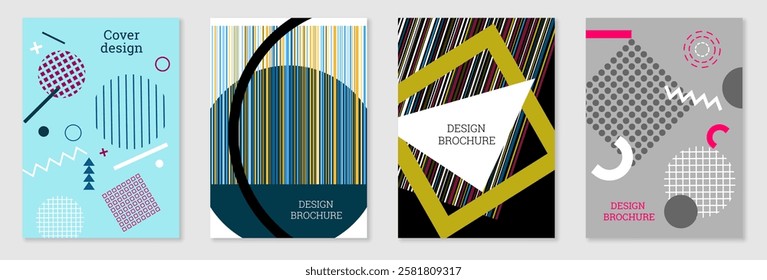 Set of cover design in Memphis style. Geometric design, abstract background. Fashionable bright cover, banner, poster, booklet. Creative colors.