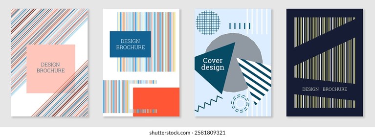 Set of cover design in Memphis style. Geometric design, abstract background. Fashionable bright cover, banner, poster, booklet. Creative colors.