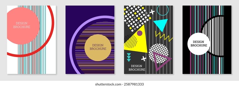 Set of cover design in Memphis style. Geometric design, abstract background. Fashionable bright cover, banner, poster, booklet. Creative colors.