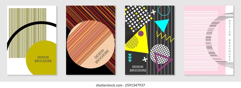 Set of cover design in Memphis style. Geometric design, abstract background. Fashionable bright cover, banner, poster, booklet. Creative colors.