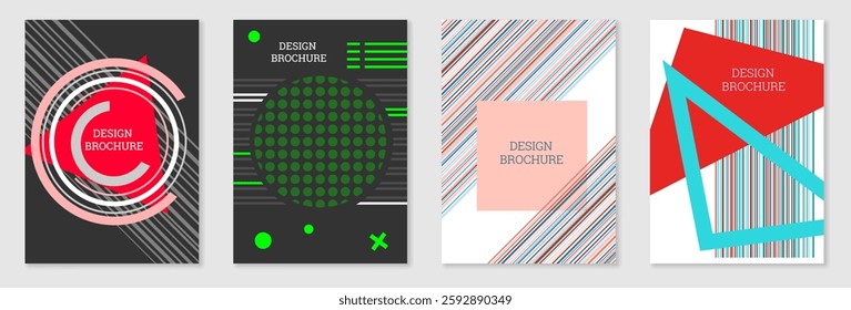 Set of cover design in Memphis style. Geometric design, abstract background. Fashionable bright cover, banner, poster, booklet. Creative colors.