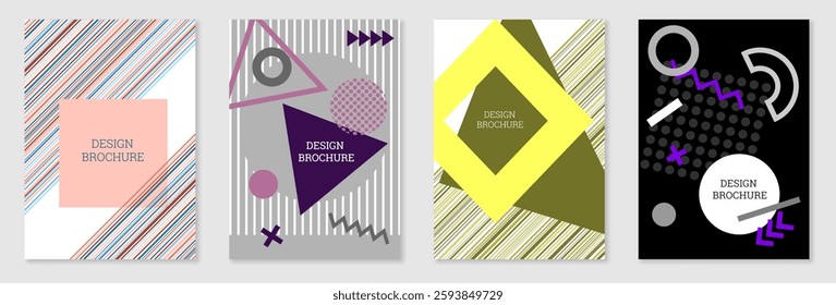 Set of cover design in Memphis style. Geometric design, abstract background. Fashionable bright cover, banner, poster, booklet. Creative colors.