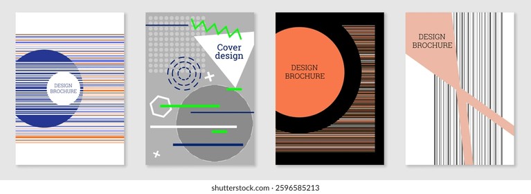Set of cover design in Memphis style. Geometric design, abstract background. Fashionable bright cover, banner, poster, booklet. Creative colors.