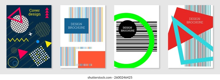Set of cover design in Memphis style. Geometric design, abstract background. Fashionable bright cover, banner, poster, booklet. Creative colors.