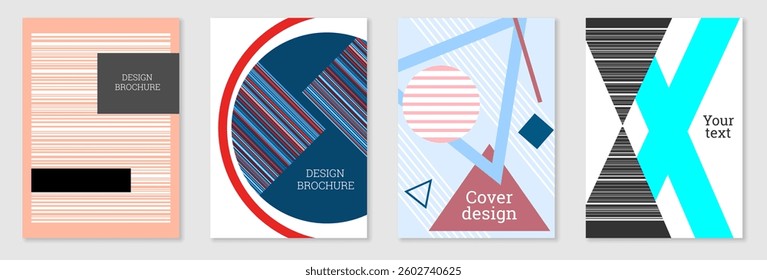 Set of cover design in Memphis style. Geometric design, abstract background. Fashionable bright cover, banner, poster, booklet. Creative colors.
