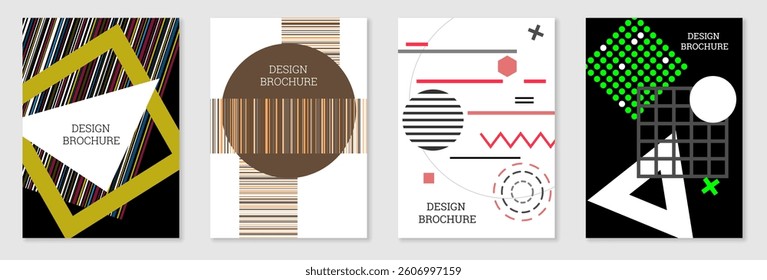 Set of cover design in Memphis style. Geometric design, abstract background. Fashionable bright cover, banner, poster, booklet. Creative colors.