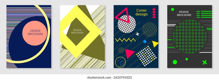 Set of cover design in Memphis style. Geometric design, abstract background. Fashionable bright cover, banner, poster, booklet. Creative colors.