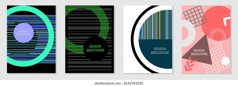 Set of cover design in Memphis style. Geometric design, abstract background. Fashionable bright cover, banner, poster, booklet. Creative colors.