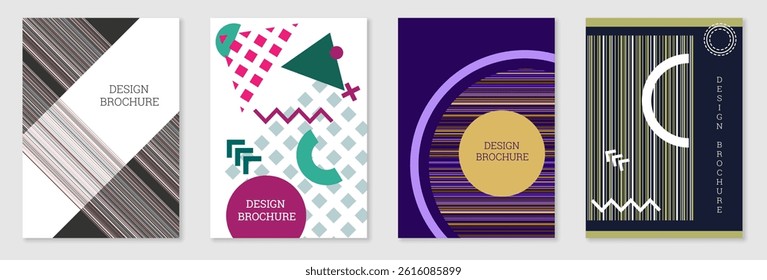 Set of cover design in Memphis style. Geometric design, abstract background. Fashionable bright cover, banner, poster, booklet. Creative colors.