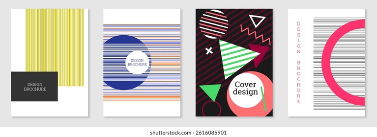 Set of cover design in Memphis style. Geometric design, abstract background. Fashionable bright cover, banner, poster, booklet. Creative colors.