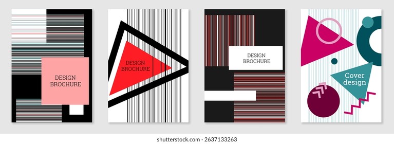 Set of cover design in Memphis style. Geometric design, abstract background. Fashionable bright cover, banner, poster, booklet. Creative colors.