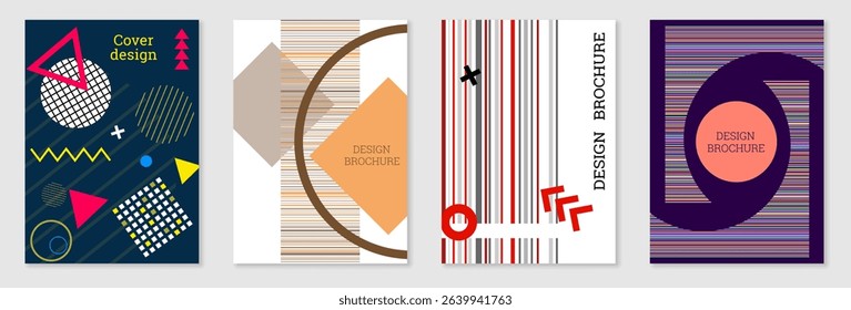 Set of cover design in Memphis style. Geometric design, abstract background. Fashionable bright cover, banner, poster, booklet. Creative colors.