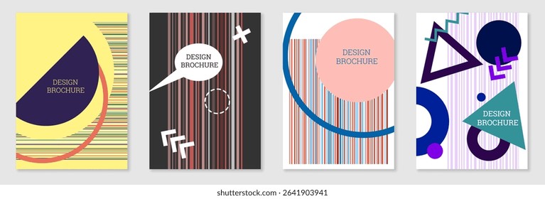 Set of cover design in Memphis style. Geometric design, abstract background. Fashionable bright cover, banner, poster, booklet. Creative colors.