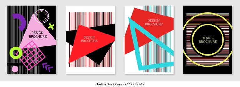 Conjunto de design de capa em estilo Memphis. Projeto geométrico, fundo abstrato. Capa brilhante na moda, faixa, cartaz, livreto. Cores criativas.