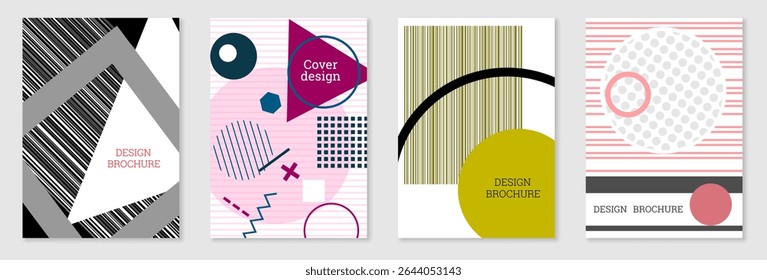Conjunto de diseño de portada en estilo Memphis. Diseño geométrico, fondo abstracto. Cubierta brillante de moda, Anuncio, cartel, folleto. Colores creativos.