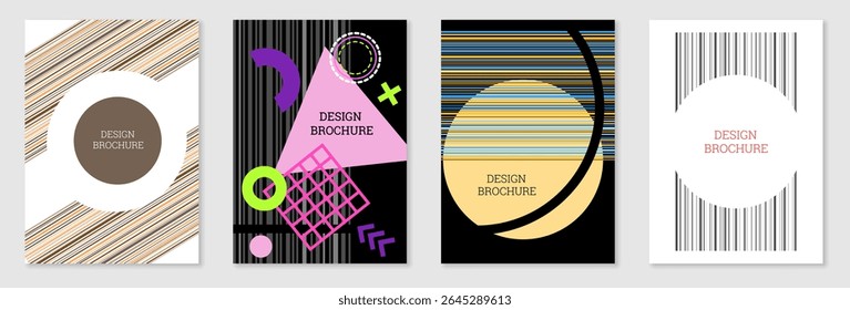 Conjunto de diseño de portada en estilo Memphis. Diseño geométrico, fondo abstracto. Cubierta brillante de moda, Anuncio, cartel, folleto. Colores creativos.