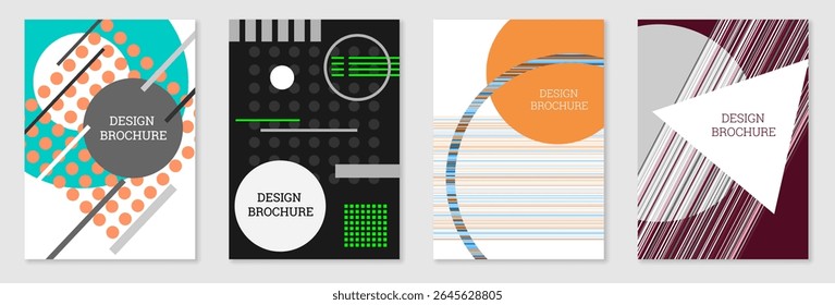 Set of cover design in Memphis style. Geometric design, abstract background. Fashionable bright cover, banner, poster, booklet. Creative colors.