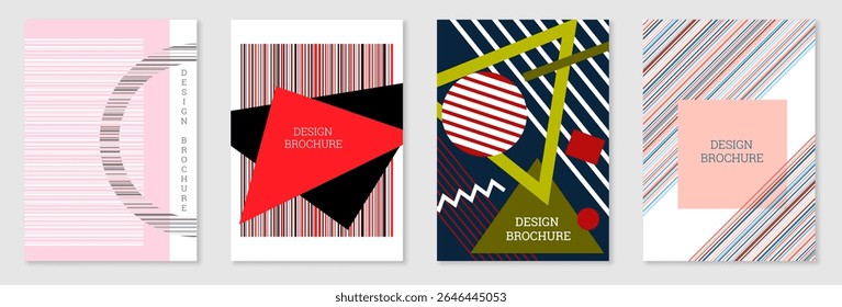 Set of cover design in Memphis style. Geometric design, abstract background. Fashionable bright cover, banner, poster, booklet. Creative colors.