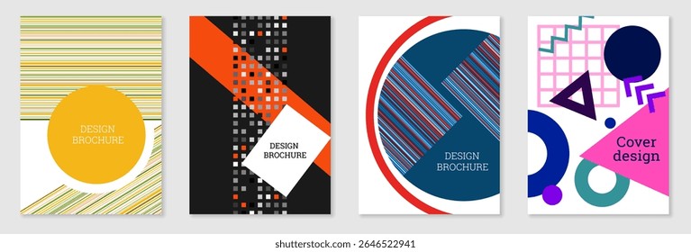 Set of cover design in Memphis style. Geometric design, abstract background. Fashionable bright cover, banner, poster, booklet. Creative colors