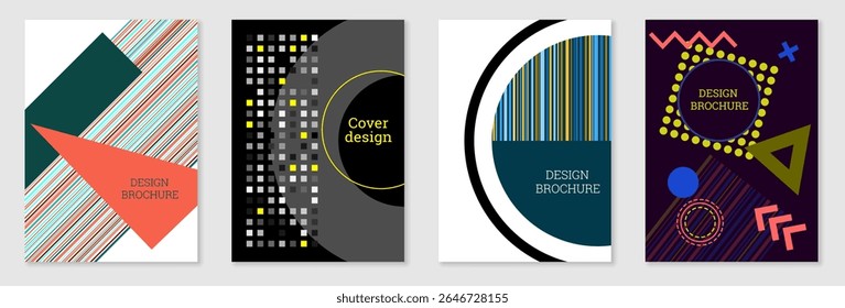 Set of cover design in Memphis style. Geometric design, abstract background. Fashionable bright cover, banner, poster, booklet. Creative colors