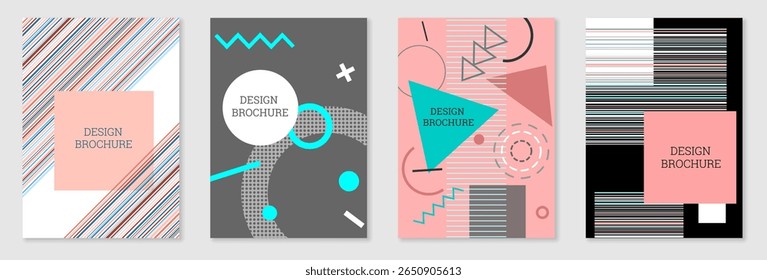 Conjunto de design de capa em estilo Memphis. Projeto geométrico, fundo abstrato. Capa brilhante na moda, faixa, cartaz, livreto. Cores criativas.