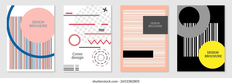Conjunto de design de capa em estilo Memphis. Projeto geométrico, fundo abstrato. Capa brilhante na moda, faixa, cartaz, livreto. Cores criativas.