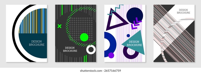 Conjunto de design de capa em estilo Memphis. Projeto geométrico, fundo abstrato. Capa brilhante na moda, faixa, cartaz, livreto. Cores criativas.