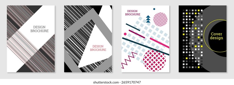 Set of cover design in Memphis style. Geometric design, abstract background. Fashionable bright cover, banner, poster, booklet. Creative colors.