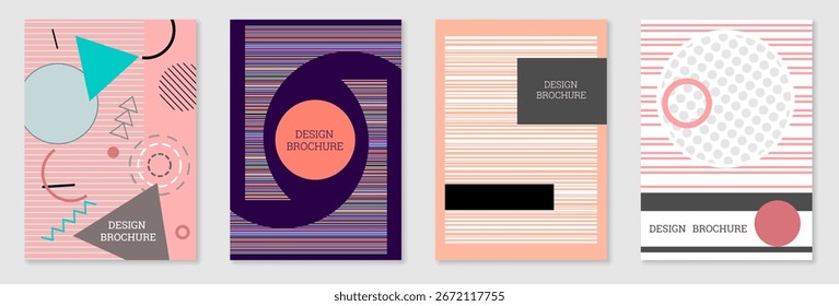 Cover Design im Memphis Stil. Geometrisches Design, abstrakter Hintergrund. Modische helle Abdeckung, Banner, Poster, Broschüre. Kreative Farben.