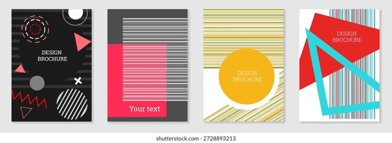 Conjunto de design de capa em estilo Memphis. Projeto geométrico, fundo abstrato. Capa brilhante na moda, faixa, cartaz, livreto. Cores criativas.