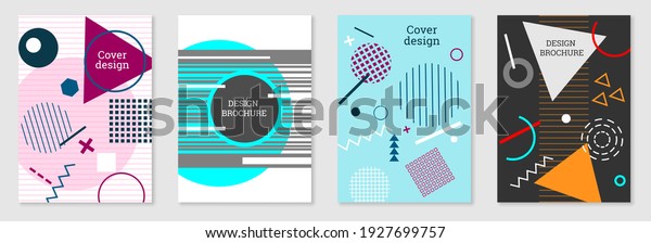Set of cover design in Memphis\
style. Geometric design, abstract background. Fashionable bright\
cover, banner, poster, booklet. Creative colors.\
Vector