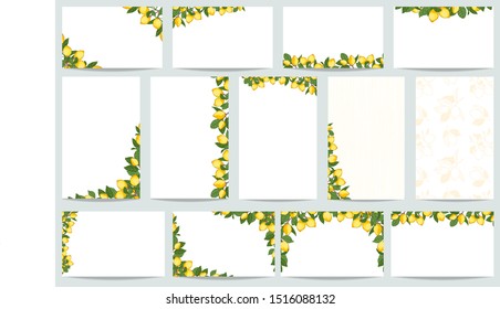 Set of cover design and Notepad pages with  with lemon branch pattern. Design for poster, card, invitation, placard, brochure, flyer. Vector.