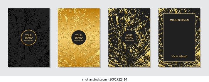 Conjunto de diseño de portada, plantillas verticales originales. Patrón de oro geométrico 3d, fondo negro con relieve. Colección de grunge vectorial para catálogo, plantilla de folleto, diseño de revista, folleto.