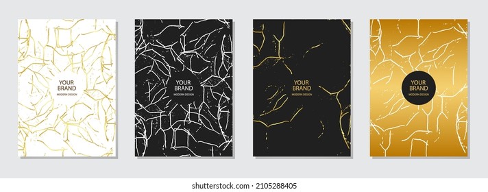 Conjunto de diseño de portada. Decoración original y elegante, textura de mármol gris. Patrón geométrico dorado. Una colección moderna de plantillas vectoriales verticales para la creatividad. 