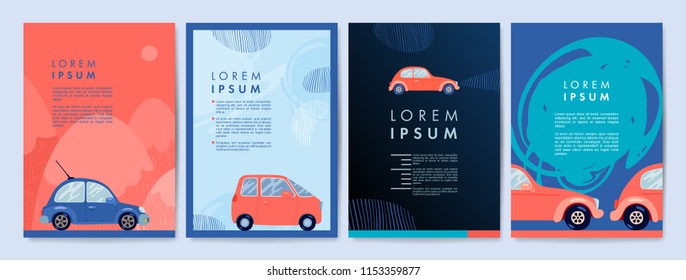 Set of cover design template with flat style cars. Backdrop for corporate annual report, poster, magazine first page, leaflet, business flyer. Promotion concept card. A4 size