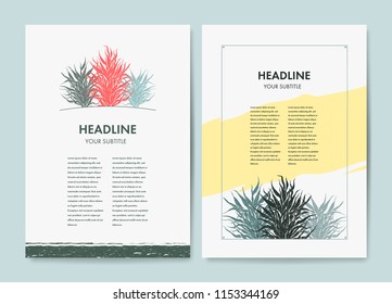 Set of cover design template with hand drawn floral elements. Backdrop for corporate annual report, poster, magazine first page, leaflet, business flyer. A4 size
