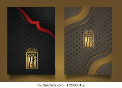 Set cover design template with Luxury and elegant flow lines overlap layers ornament and realistic texture on dark background
