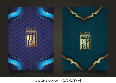 Set cover design template with Luxury and elegant flow lines overlap layers ornament and realistic texture on dark background