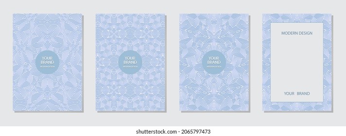 Set von Cover-Design, vertikale Vorlagen. Geometrisches volumetrisches 3D-Muster, Sammlung von geprägten künstlerisch-blauen Hintergründen mit Kopienraum für Text. Orientalisch, indonesisch, mexikanisch, aztekisch 