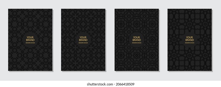 Set of cover design, vertical templates. Geometric volumetric convex ethnic 3D pattern, minimalist collection of black backgrounds, embossed texture, space for text.Oriental,Indonesian, Mexican style.