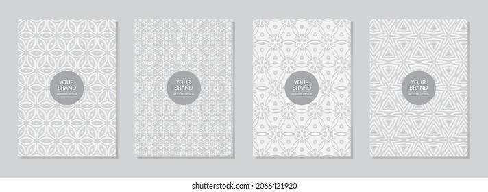 Set of cover design, vertical templates. Geometric volumetric convex ethnic 3D pattern, decorative collection of white backgrounds, embossed texture, space for text. Oriental, Indonesian, Mexican styl