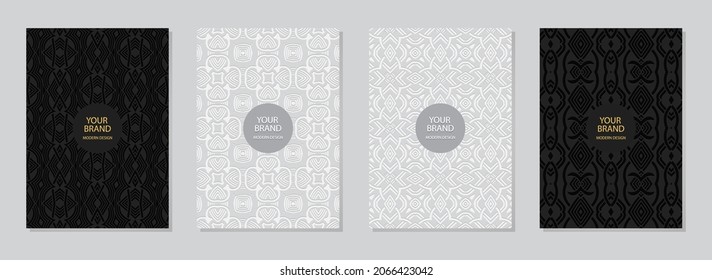 Set of cover design, vertical templates. Geometric volumetric convex ethnic 3D pattern, stylish collection of floral, curly backgrounds, embossed texture, space for text. Oriental, Indonesian, Mexican