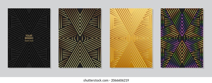 Set of cover design, vertical templates. Geometric volumetric convex ethnic 3D pattern, collection of embossed backgrounds, golden unique grunge texture. Oriental, Indonesian, Mexican, Aztec motives.