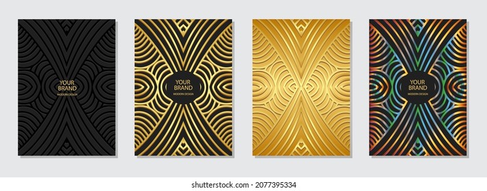 Set of cover design, vertical templates. Geometric 3D pattern, ethnic collection of luxury embossed backgrounds, golden grunge texture. Oriental, Indonesian, Mexican, Aztec motives.