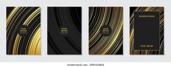 Set of cover design, vertical templates. Geometric gold pattern of lines and stripes, black backgrounds. Vector grunge collection for catalog, brochure template, magazine layout, booklet.