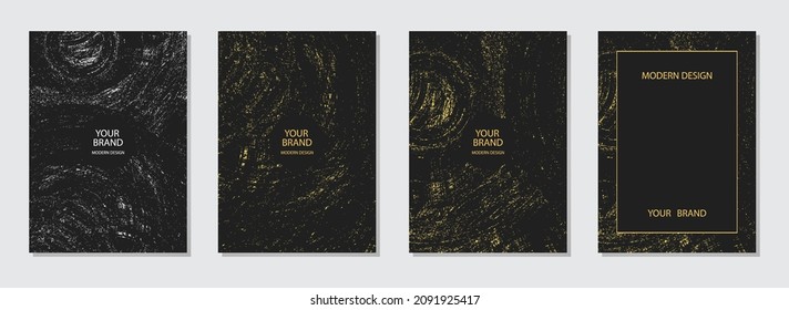 Set of cover design, vertical templates. Geometric gold, white pattern, black backgrounds with frame for text. Vector grunge collection for catalog, brochure template, magazine layout, booklet.
