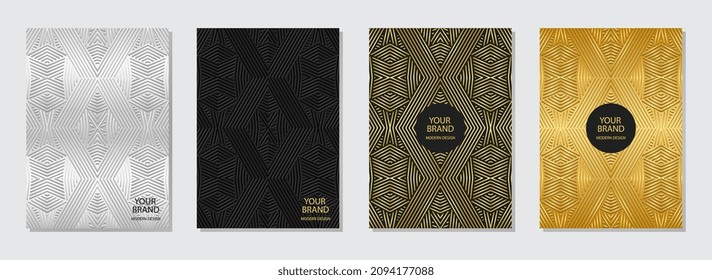 Set of cover design, vertical templates. Geometric golden 3D pattern, original texture. Ethnic vintage collection of embossed backgrounds. Oriental, Indonesian, Mexican, Aztec motives.