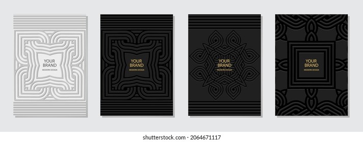 Conjunto de diseño de portada, plantillas verticales.Patrón convexo geométrico volumétrico convexo 3D, colección de fondos de arte emboscada, marco para texto. Motivos orientales, indonesios, mexicanos, aztecos.
