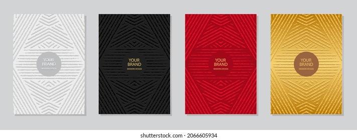 Set of cover design, vertical templates.Geometric volumetric convex ethnic 3D pattern, collection of embossed backgrounds in different colors, grunge texture. Oriental, Indonesian, Mexican, Aztec moti