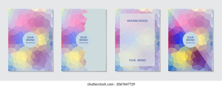 Set of cover design, vertical templates.Geometric volumetric convex 3D polygonal pattern in light colors, frame for text.Collection for business background, magazine layout, brochure, booklet, flyer.
